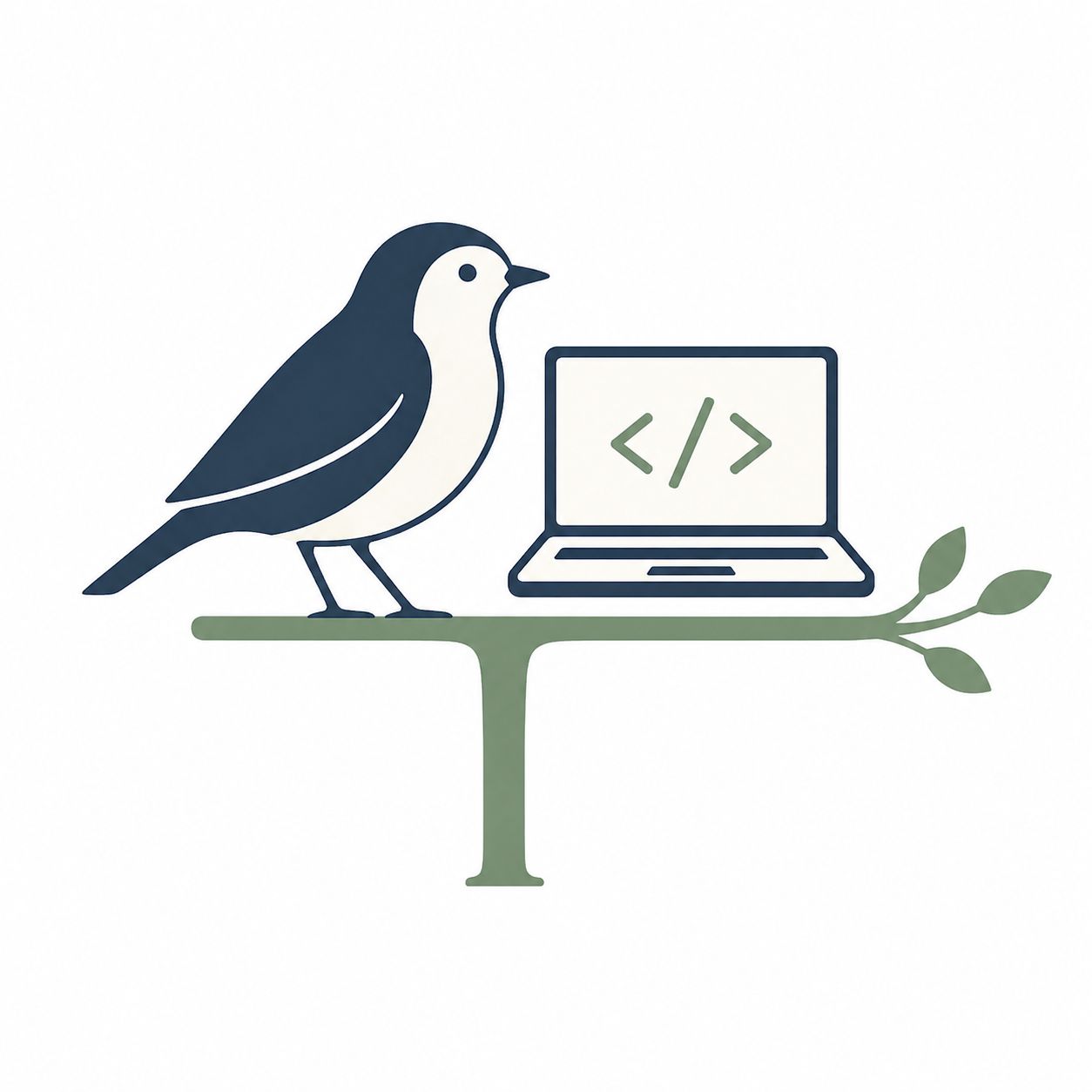 Bird perched on a sage branch above a laptop displaying code, with circuit elements