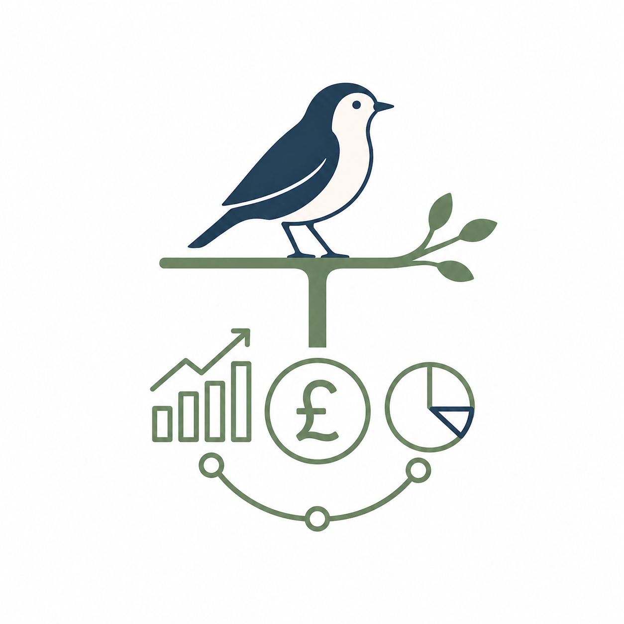Bird perched on a sage branch above charts and graphs representing economic indicators