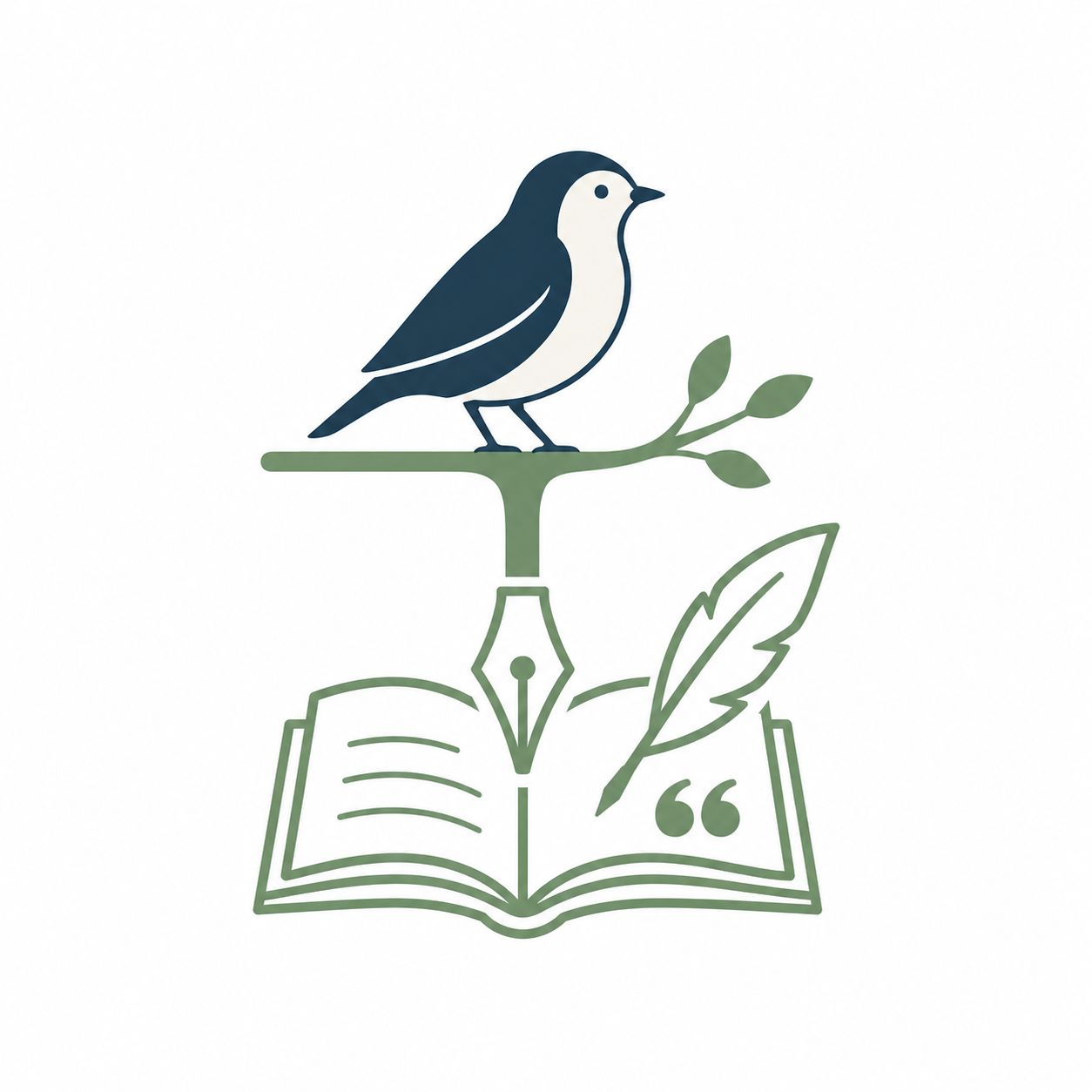 Bird perched on a sage branch above an open book with a quill and fountain pen