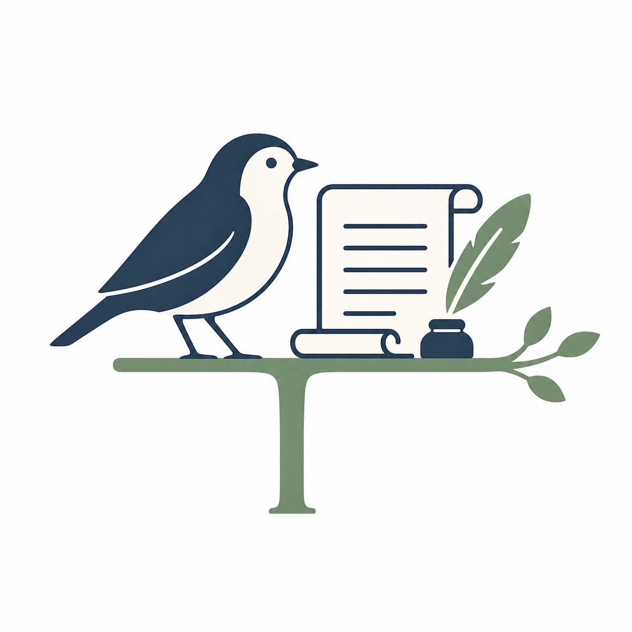 Bird perched on a sage branch above an open historical book and quill