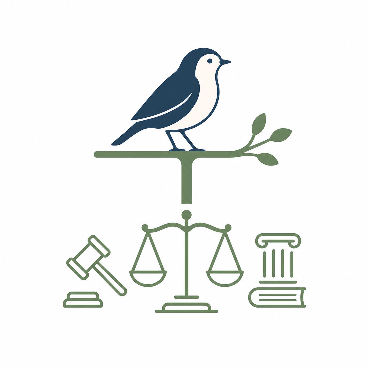 Bird perched on a sage branch above scales of justice and a gavel