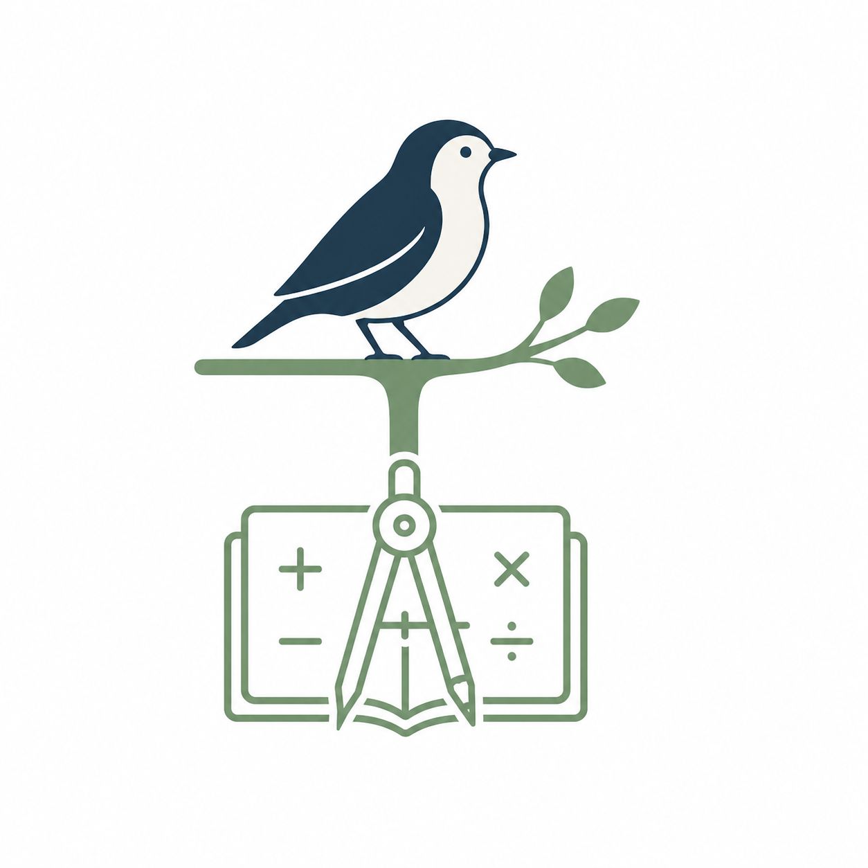 Bird perched on a sage branch above an open book with mathematical symbols and a pair of compasses
