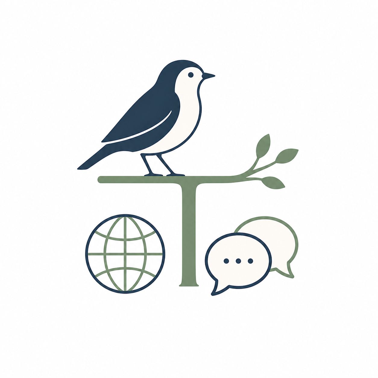 Bird perched on a sage branch above a stack of books in different languages