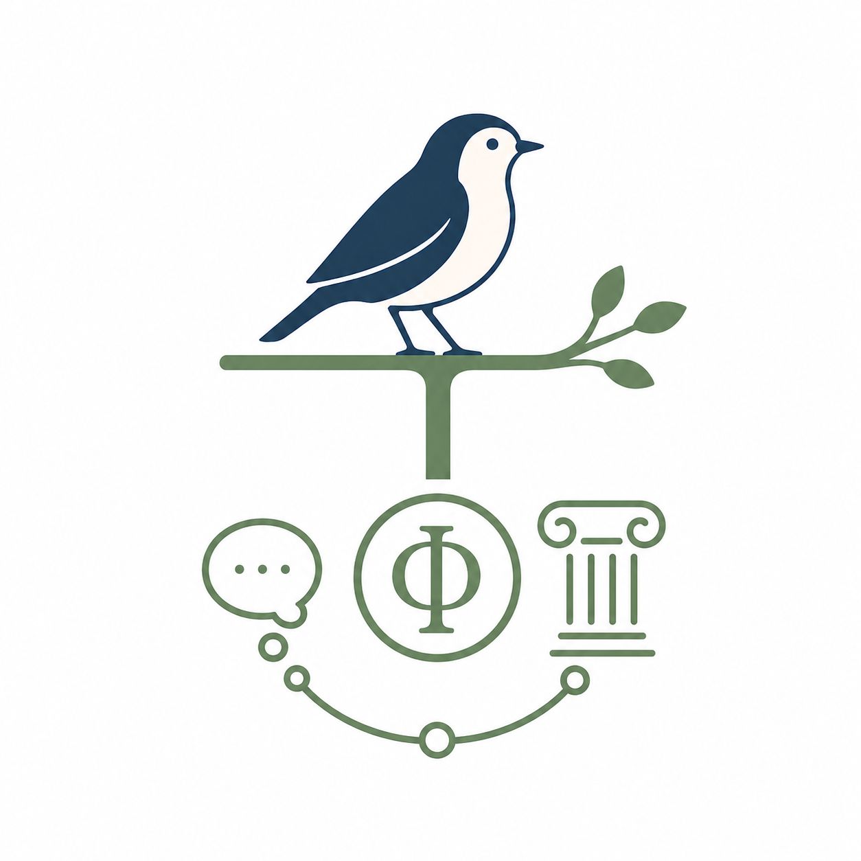 Bird perched on a sage branch above a thinker statue and abstract symbols of thought