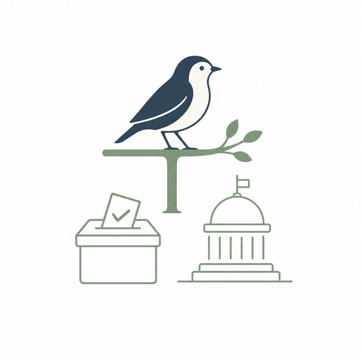 Bird perched on a sage branch above a podium and ballot box