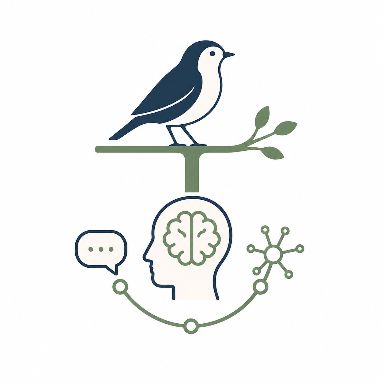 Bird perched on a sage branch above a brain illustration with neurons and thought bubbles