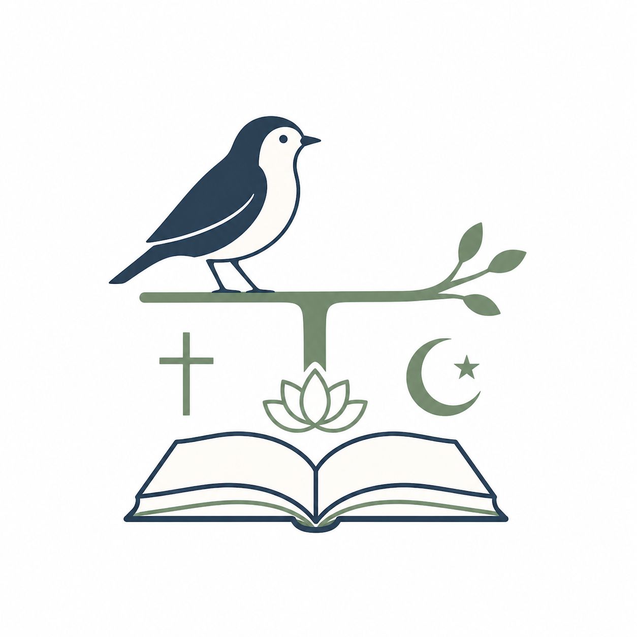 Bird perched on a sage branch above religious symbols and a book of scripture