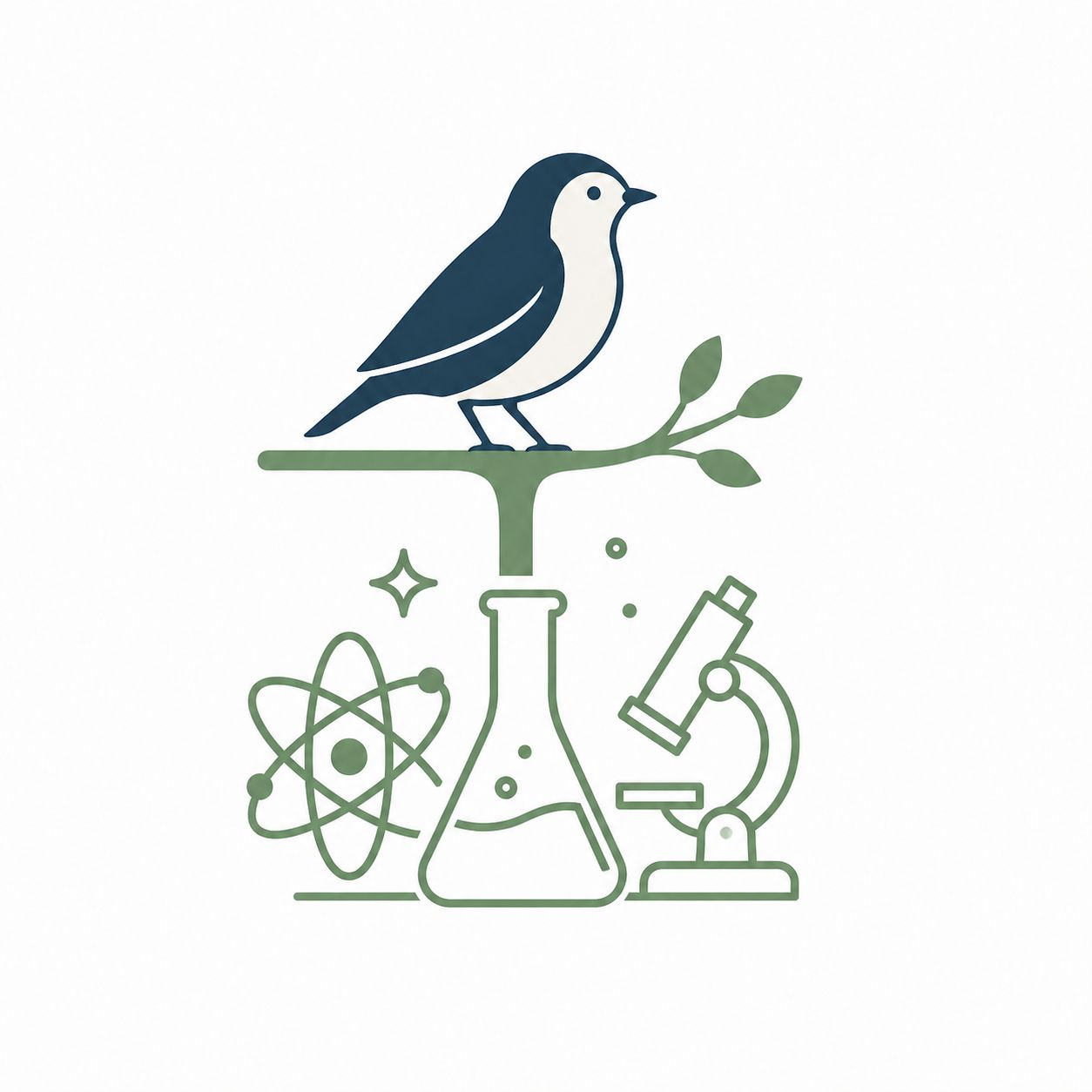 Bird perched on a sage branch above a microscope, atom symbol, and chemistry flask