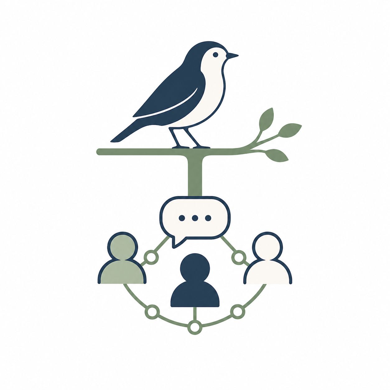 Bird perched on a sage branch above an interconnected network of human figures representing society