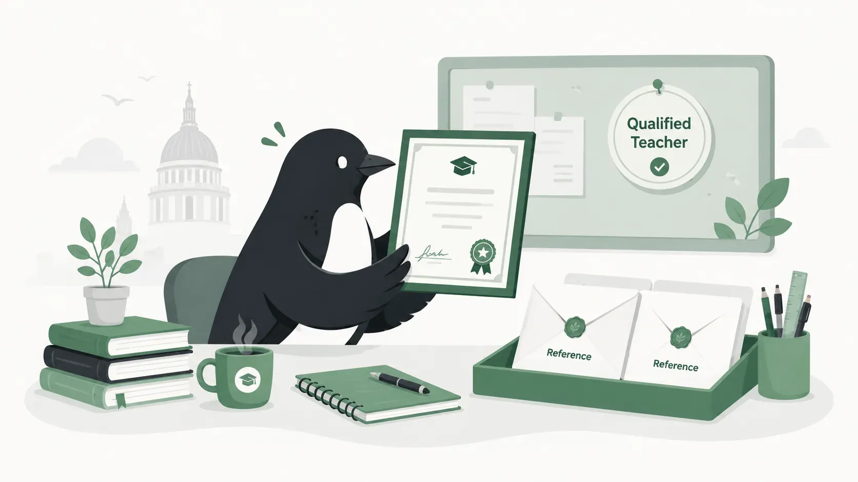 Illustration of the Tutorperch corvid holding a framed teaching certificate with a graduation cap and an award seal, a screen behind it showing a 'Qualified Teacher' badge with a green tick, and a desk tray in front holding two wax-sealed envelopes each marked 'Reference', with books, a mug and a notepad alongside and a faint London skyline behind.