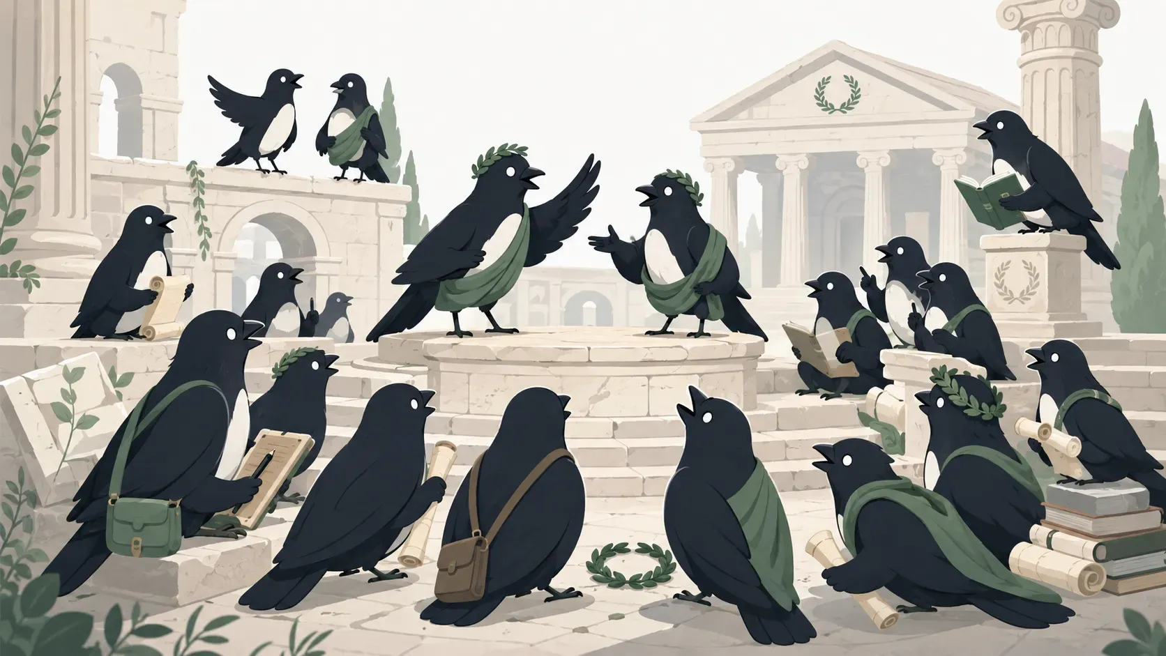 Illustration of Tutorperch birds gathered in a classical Roman forum, with a laurel-wreathed corvid orator addressing the flock from a stone plinth, others reading scrolls or carrying satchels of books, all set among stone columns and a pedimented temple.