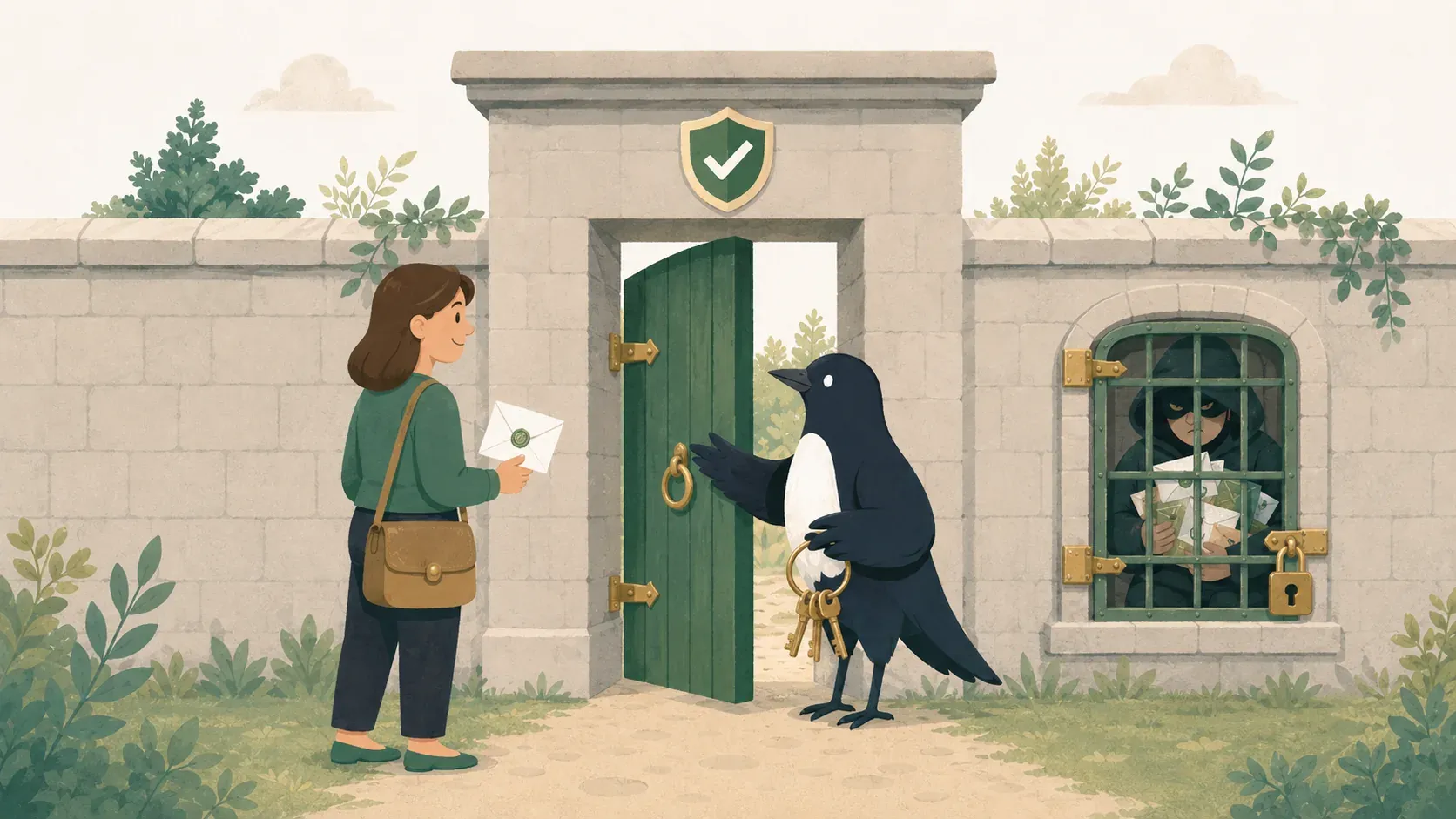 Illustration of the Tutorperch corvid standing as a doorkeeper at a stone archway with a brass key on a ring, waving a friendly parent carrying a satchel of books through the open gate while a shadowy hooded figure clutching a fistful of letters is turned away to one side, a small shield with a green tick resting against the gatepost and a faint London skyline behind.