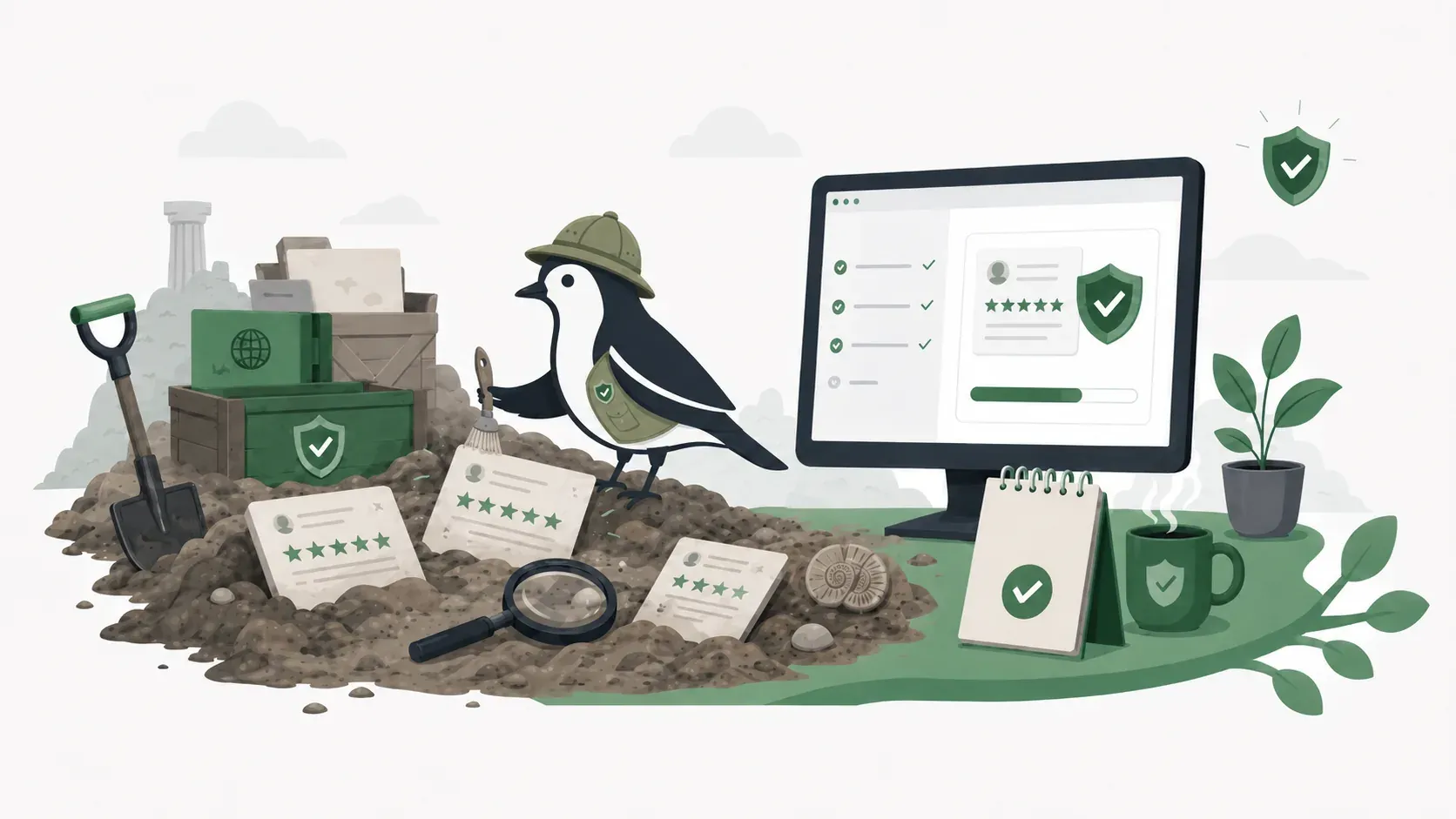 Illustration of the Tutorperch mascot dressed as an archaeologist beside a chest of unearthed First Tutors review cards, lifting them out of the dirt towards a clean Tutorperch profile screen on the right.