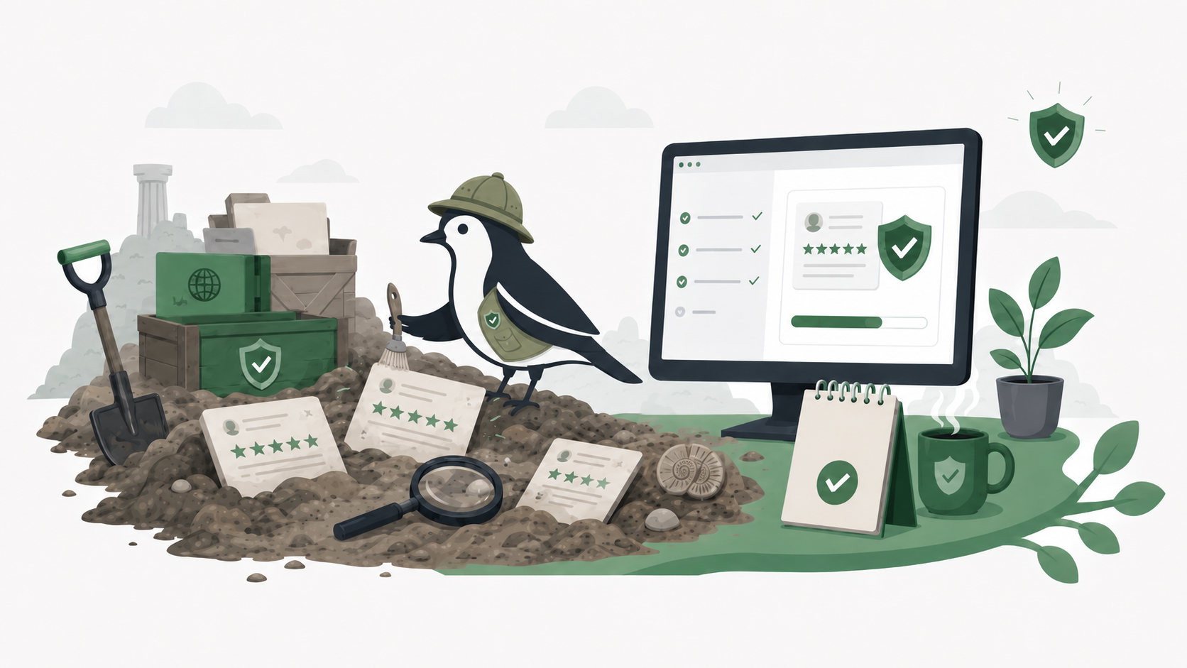 Illustration of the Tutorperch mascot dressed as an archaeologist beside a chest of unearthed First Tutors review cards, lifting them out of the dirt towards a clean Tutorperch profile screen on the right.