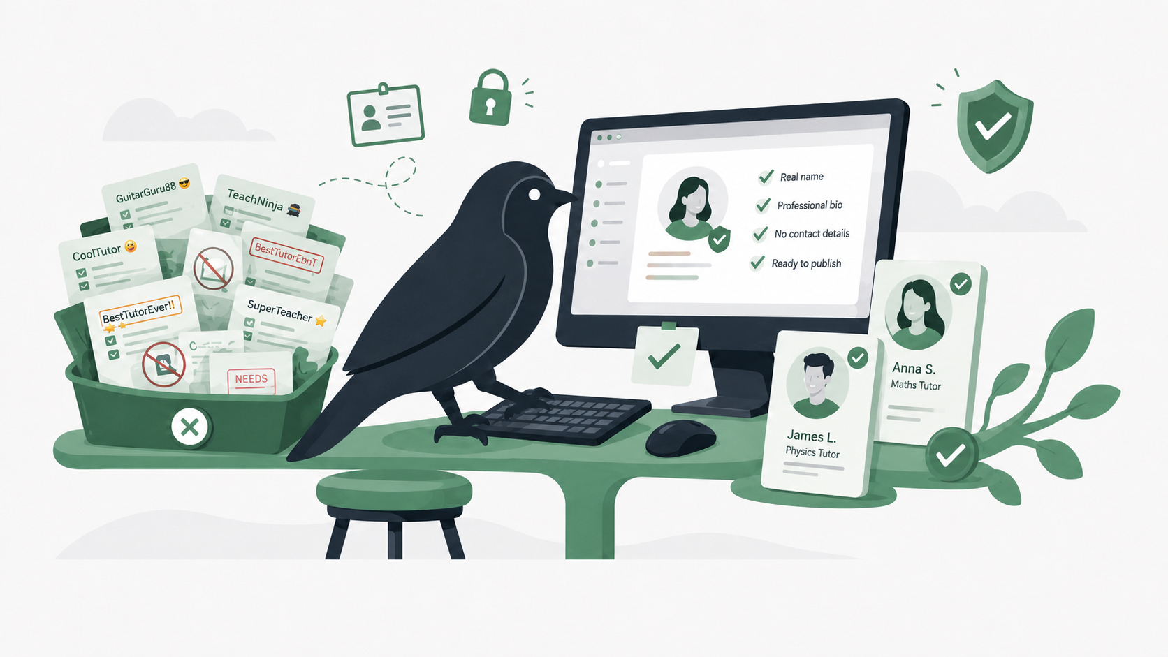 Illustration of the Tutorperch mascot at a desk reviewing tutor profile cards, with discarded placeholder names ("Test", "Your Name", "John Teacher") in a bin to the left and a clean profile checklist — real name, professional title, no contact details, ready to publish — on the screen to the right.