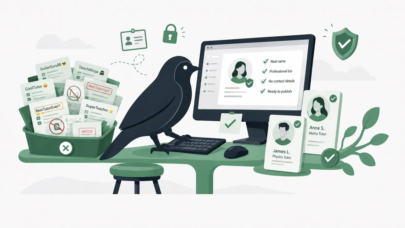 Illustration of the Tutorperch mascot at a desk reviewing tutor profile cards, with discarded placeholder names ("Test", "Your Name", "John Teacher") in a bin to the left and a clean profile checklist (real name, professional title, no contact details, ready to publish) on the screen to the right.