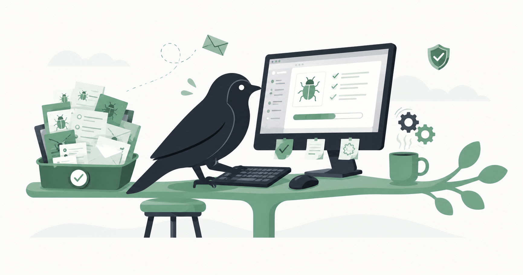 Illustration of the Tutorperch mascot at a workbench surrounded by a feedback inbox, a dashboard, and small icons for trust and engineering.