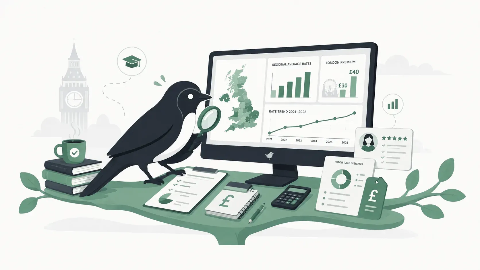 Cover illustration for the UK Private Tutoring Rate Report 2026 — the Tutorperch bird at a desk examining a UK map and rate charts.